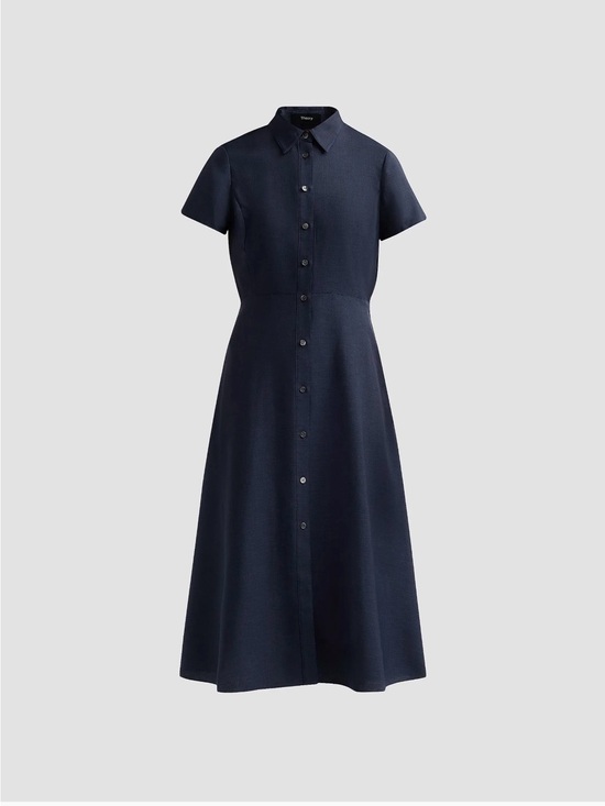 Theory Dresses & Skirts - Theory Navy Linen Blend Midi Shirt Dress Short Sleeve